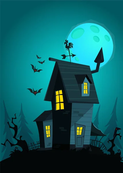 Cartoon Haunted Old House Moon Background Vetor Illustration Isolate — Stock Vector