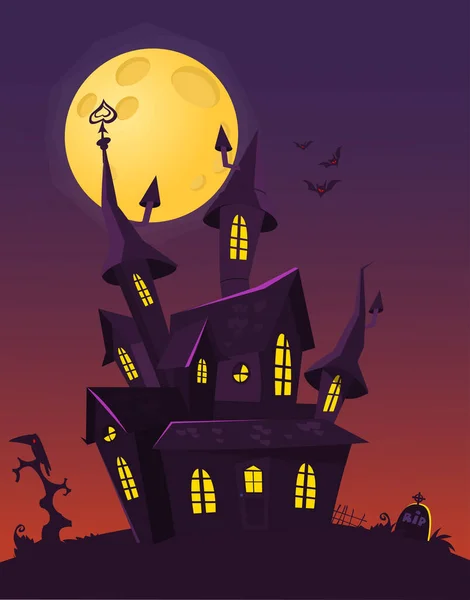 卡通笼罩着以月亮为背景的老房子 维多图解隔离 — 图库矢量图片