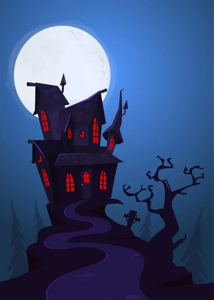 Страшный Старый Хэллоуинский Ужасающий Дом Мультфильм Домом Привидениями Вектор Изолирован — стоковый вектор