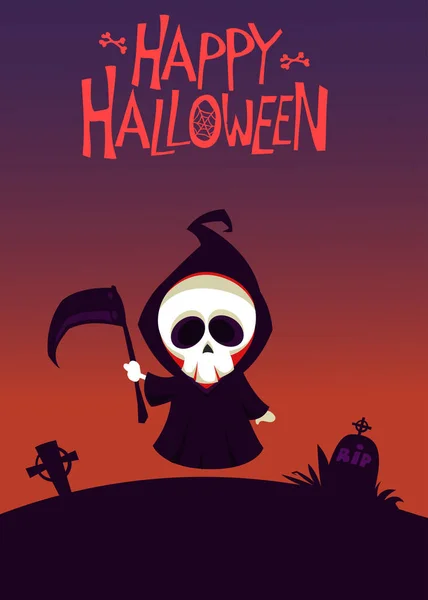 Mignon Dessin Animé Faucheur Sinistre Mignon Halloween Squelette Mort Personnage — Image vectorielle
