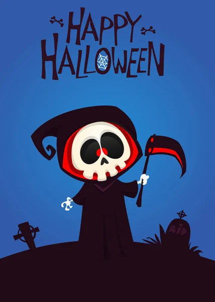 Cartoon Grim Reaper Death Skeleton Illustration Halloween Layout Design Poster — Stock Vector