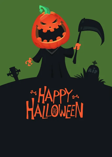 Halloween Effrayant Faucheur Sombre Avec Illustration Tête Citrouille Caricature Vectorielle — Image vectorielle