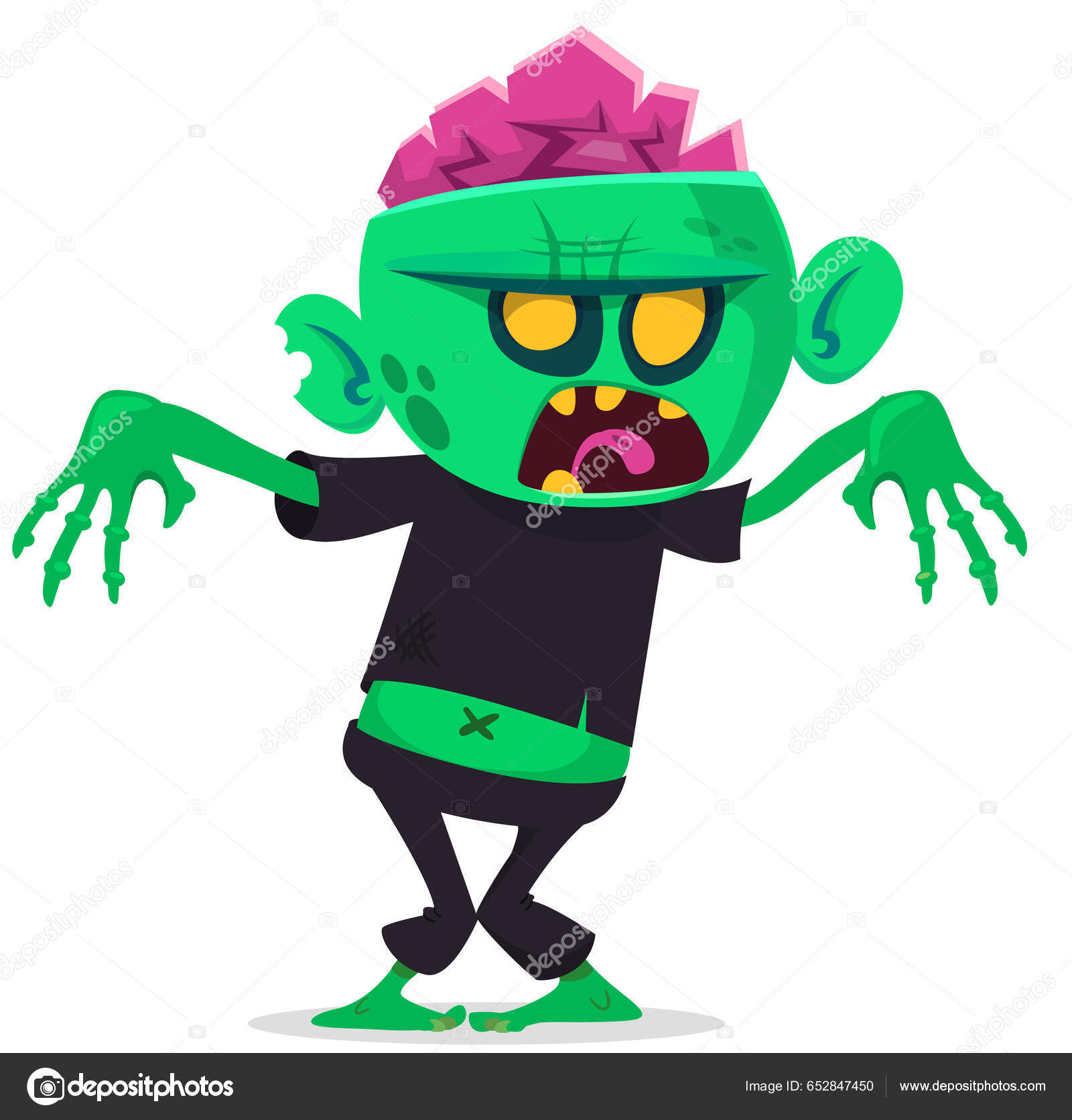 Cartoon Engraçado Zumbi Verde Com Cérebros Cor Rosa Fora Cabeça Vetor de  ©drawkman.gmail.com 652847450, image size:1600x1671