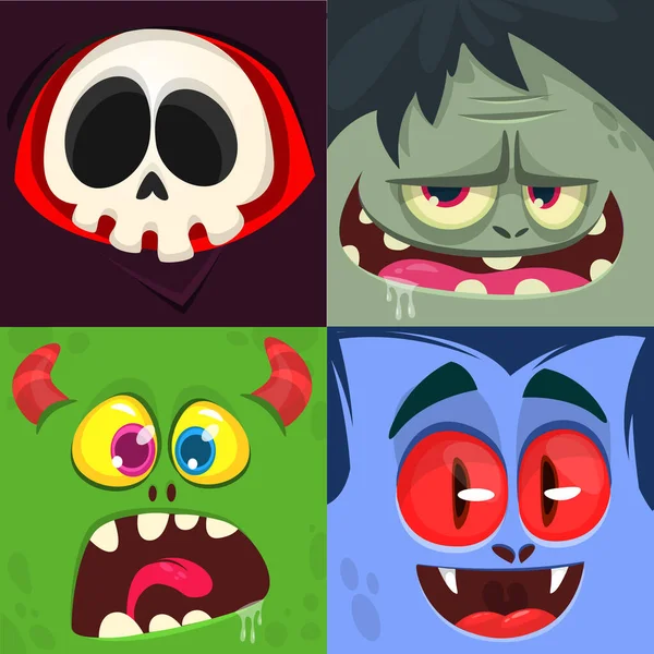 Cartoon Monsters Gezichten Ingesteld Vector Collectie Van Vier Halloween Monster — Stockvector