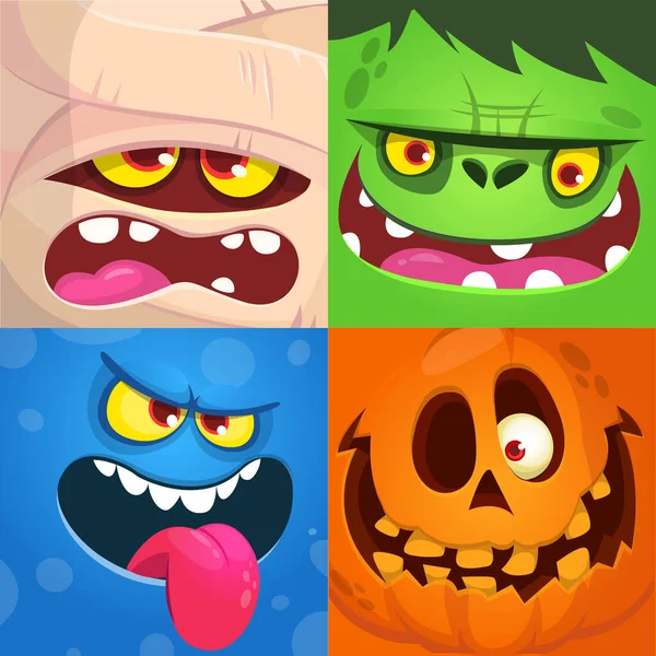Cartoon Monsters Gezichten Ingesteld Vector Collectie Van Vier Halloween Monster — Stockvector