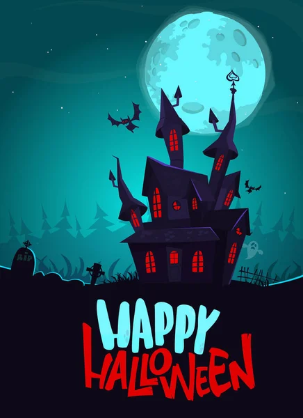 Gelukkig Halloween Spookhuis Cartoon Illustratie Vector Horror Eng Herenhuis Nacht — Stockvector