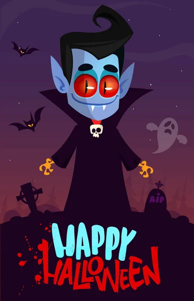 Personaje Dibujos Animados Vampiro Fondo Del Cementerio Nocturno Ilustración Halloween — Vector de stock