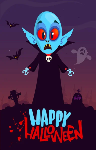 Personaje Dibujos Animados Vampiro Fondo Del Cementerio Nocturno Ilustración Halloween — Vector de stock