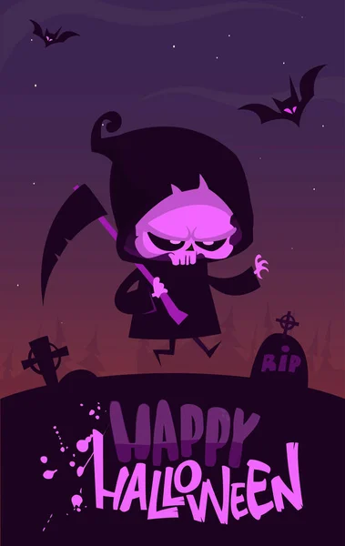 Personaje Dibujos Animados Grim Reaper Con Guadaña Halloween Divertido Esqueleto — Vector de stock