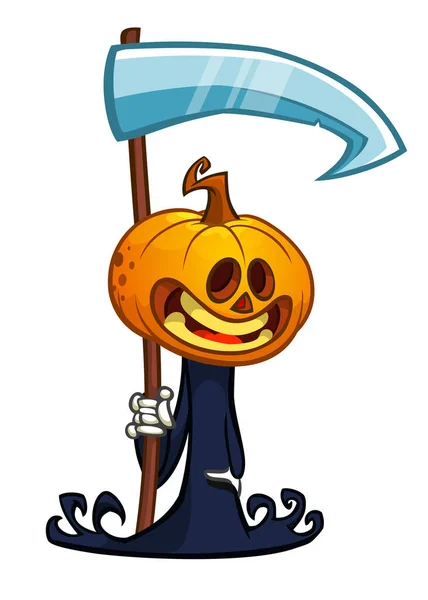 Kaszás Tökfej Rajzfilmfigura Kaszával Halloween Jack Lámpa Illusztráció Design Party — Stock Vector