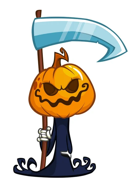 Ceifador Sombrio Personagem Desenho Animado Cabeça Abóbora Com Foice Halloween —  Vetores de Stock