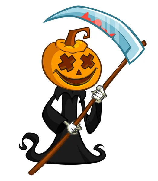 Ceifador Sombrio Personagem Desenho Animado Cabeça Abóbora Com Foice Halloween —  Vetores de Stock