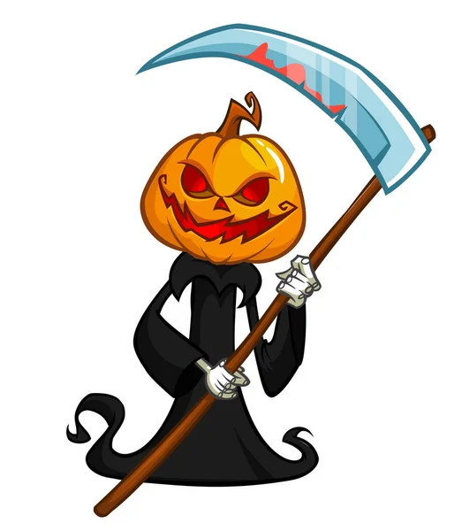 Grim Reaper Personaje Dibujos Animados Cabeza Calabaza Con Guadaña Halloween — Archivo Imágenes Vectoriales