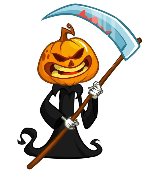 Grim Reaper Personaje Dibujos Animados Cabeza Calabaza Con Guadaña Halloween — Vector de stock