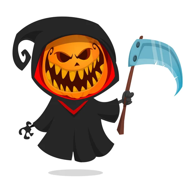 Grim Reaper Personaje Dibujos Animados Cabeza Calabaza Con Guadaña Halloween — Archivo Imágenes Vectoriales