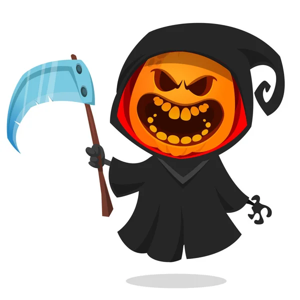 Grim Schnitter Kürbiskopf Comicfigur Mit Sense Halloween Jack Laterne Illustration — Stockvektor
