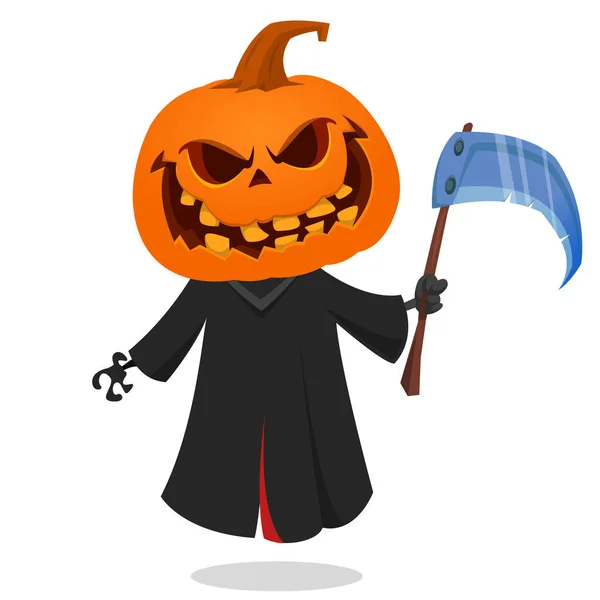 Grim Reaper Pumpkin Head Cartoon Character Scythe Halloween Jack Lantern — Stock Vector