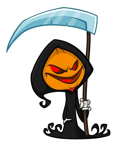Grim Faucheur Tête Citrouille Personnage Dessin Animé Avec Faux Halloween — Image vectorielle