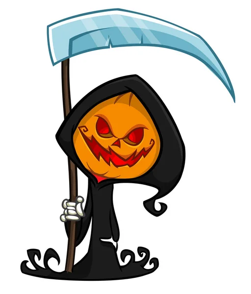 Grim Schnitter Kürbiskopf Comicfigur Mit Sense Halloween Jack Laterne Illustration — Stockvektor