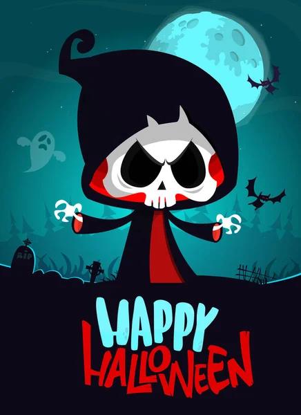 Personaje Dibujos Animados Grim Reaper Con Guadaña Halloween Divertido Esqueleto — Vector de stock
