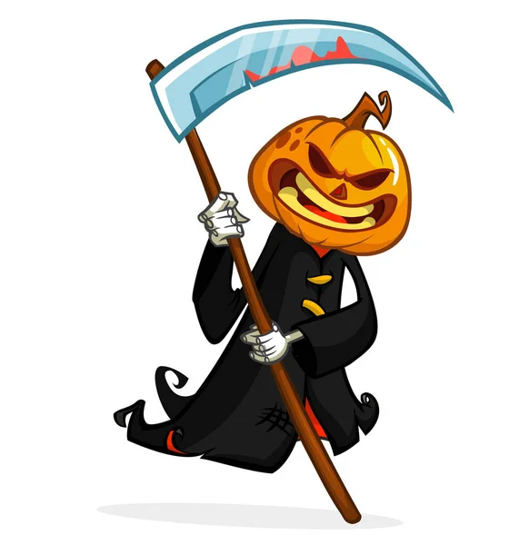 Grim Reaper Personaje Dibujos Animados Cabeza Calabaza Con Guadaña Halloween — Vector de stock