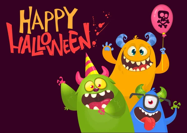 Cartoon Monstra Postavy Ilustrace Šťastných Usměvavých Mimozemských Tvorů Halloweenskou Párty — Stockový vektor