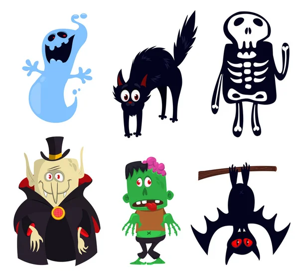 Hlloween Personajes Dibujos Animados Conjunto Fantasma Gato Grim Reaper Vampiro — Vector de stock
