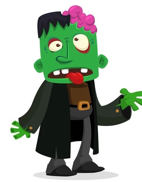 Cartoon Funny Green Zombie Pink Brains Head Walking Dead Character — Stock Vector