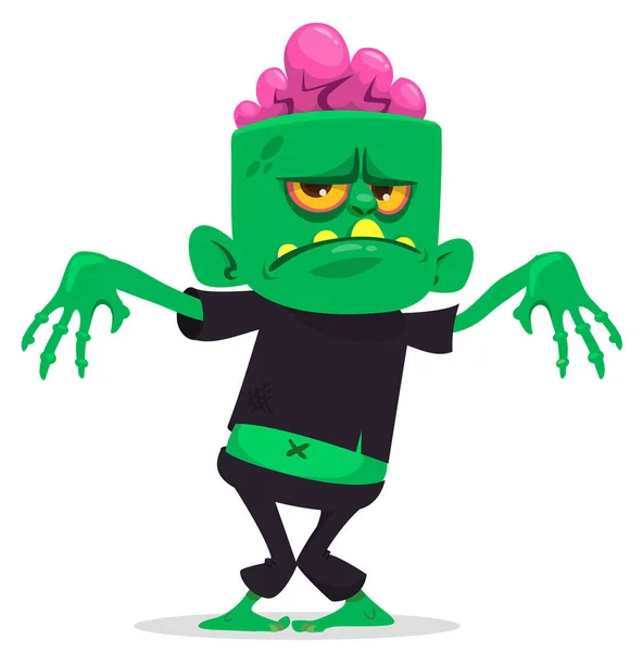 Cartoon Funny Green Zombie Pink Brains Head Walking Dead Character — Stock Vector