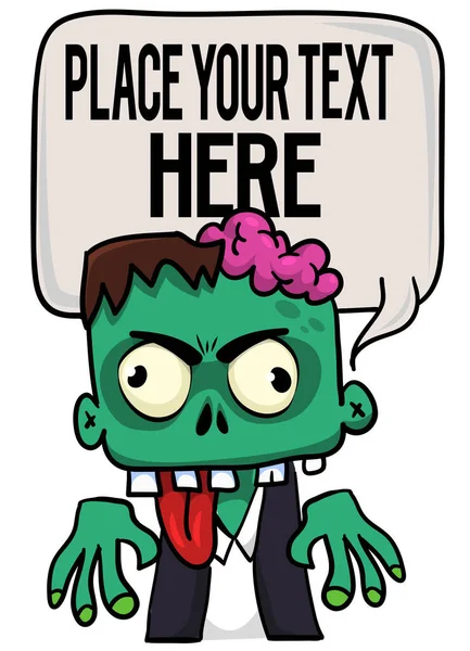 Cartoon Zombie Holding Blank Paper Banner Text Vector Illustration Isolated — Stock Vector