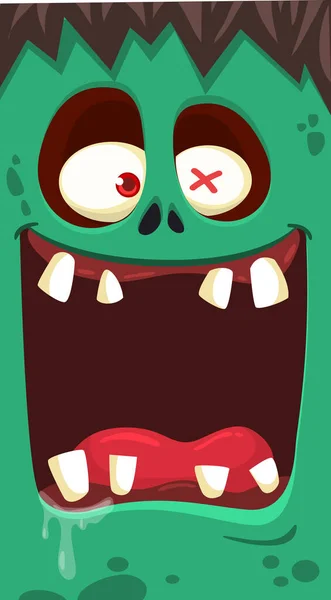 漫画の怒っているゾンビ顔アバター ハロウィーンベクター 面白いゾンビのイラスト 歯でいっぱいの広い開いた口で泣きます 装飾やパッケージデザインに最適 — ストックベクタ