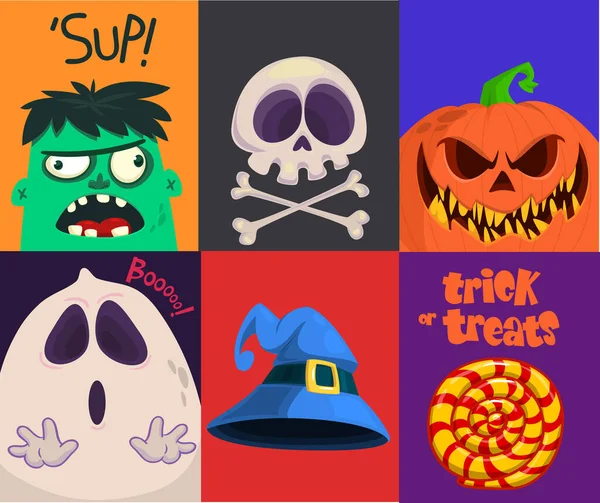 Halloween Caras Divertidas Conjunto Cuatro Personajes Cabezas Dibujos Animados Parca — Vector de stock