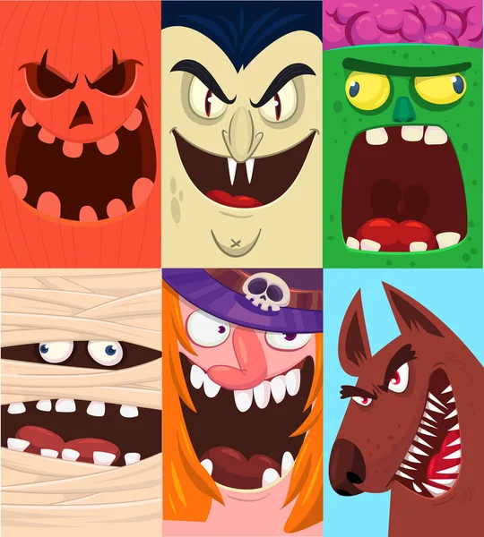 Halloween Śmieszne Twarze Zestaw Czterech Znaków Kreskówkowe Głowy Ponurego Żniwiarza — Wektor stockowy