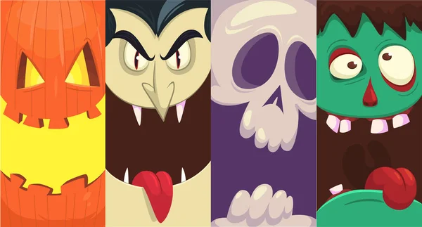 Halloween Caras Divertidas Conjunto Cuatro Personajes Cabezas Dibujos Animados Parca — Archivo Imágenes Vectoriales