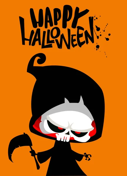 Kreskówkowy Żniwiarz Kosą Halloween Przerażająca Ilustracja Postaci Śmierci Plakat Partii — Wektor stockowy