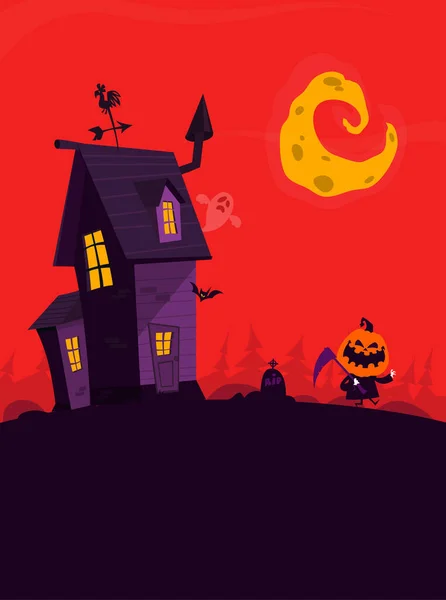 Halloween Hemsökt Hus Tecknad Illustration Vektor Skräck Skrämmande Herrgård Natten — Stock vektor