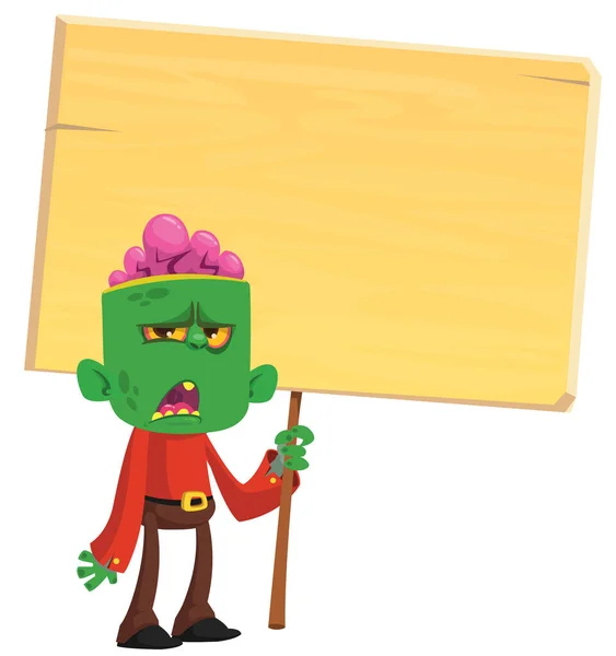 Cartoon Zombie Holding Wooden Sign Vector Illustration Isolated — Stock Vector