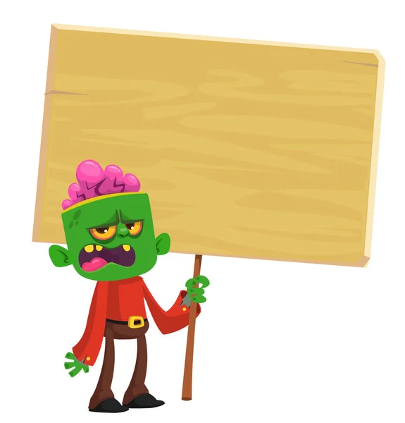 Cartoon Zombie Holding Wooden Sign Vector Illustration Isolated — Stock Vector