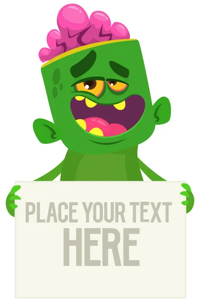 Cartoon Zombie Holding Blank Paper Banner Text Vector Illustration Isolated — Stock Vector
