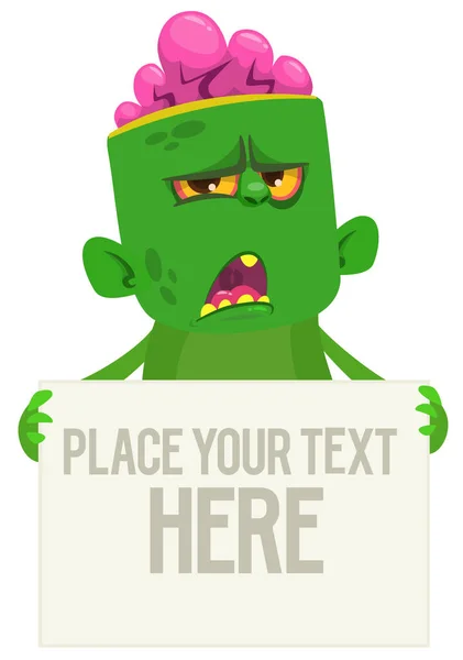 Cartoon zombie holding blank paper banner for text. Vector illustration. Isolated — Illustration Cartoon Zombie Holding Blank Paper Banner Text Vector Illustration Isolated — Stock Vector
