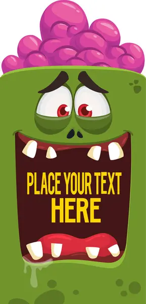 Cartoon zombie face with cute expression opened mouth blank space banner for text. Vector illustration. Isolated. Halloween design element for banner, postcard, poster, package or decoration — Illustration Cartoon Zombie Face Cute Expression Opened Mouth Blank Space Banner — Stock Vector
