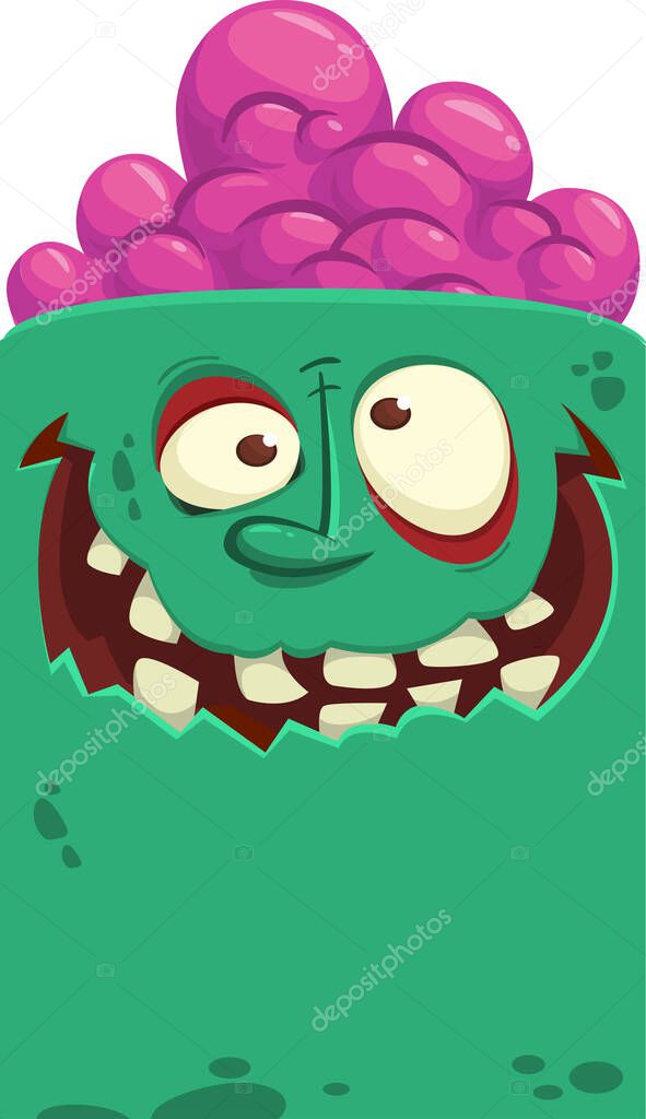 Cartoon cute zombie character design with happy face expression. Halloween vector illustration isolated on white. Party poster,package design or holiday decoration