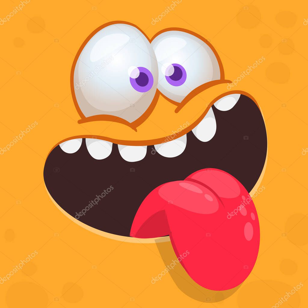 Funny cartoon monster character face expression. Illustration of cute and happy alien creature. Halloween design.