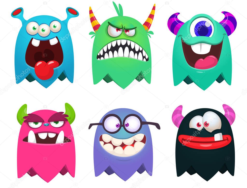 Funny cartoon smiling monsters set. Illustration of cute and happy mythical aliens, ghosts and other creatures. Vector isolated