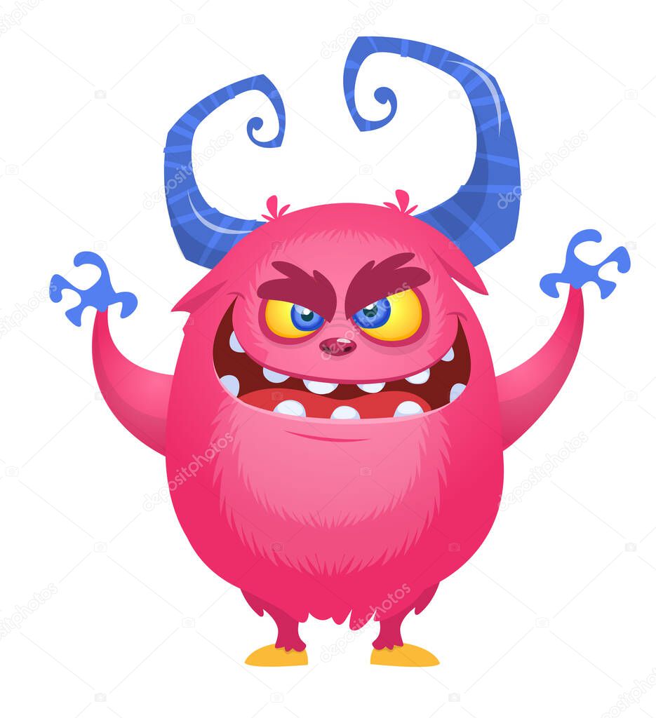 Scared cartoon pink monster waving. Vector cute monster mascot illustration for Halloween.