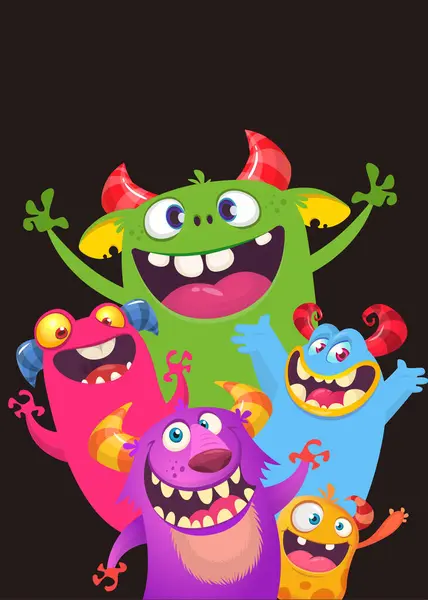 Cartoon Monsters Set Halloween Party Invitation Poster Design Different Creatures — Stock Vector