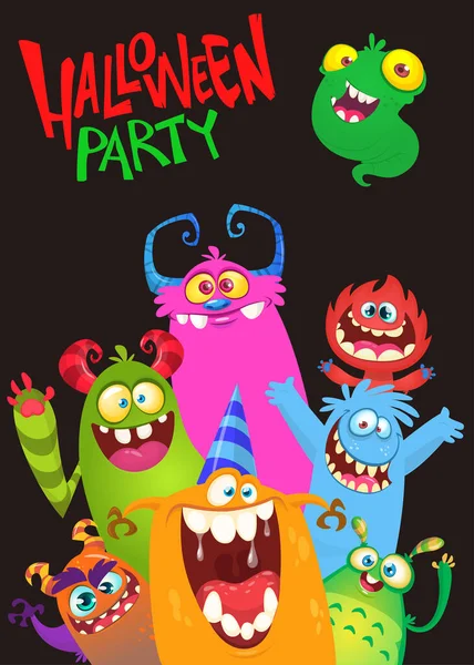 Cartoon Monsters Ingesteld Halloween Feest Uitnodiging Poster Ontwerp Met Verschillende — Stockvector