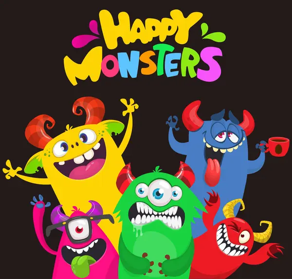 Cartoon Monsters Ingesteld Halloween Feest Uitnodiging Poster Ontwerp Met Verschillende — Stockvector