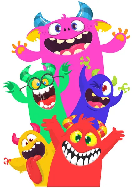 Cartoon Monsters Set Halloween Party Invitation Poster Design Different Creatures — Stock Vector