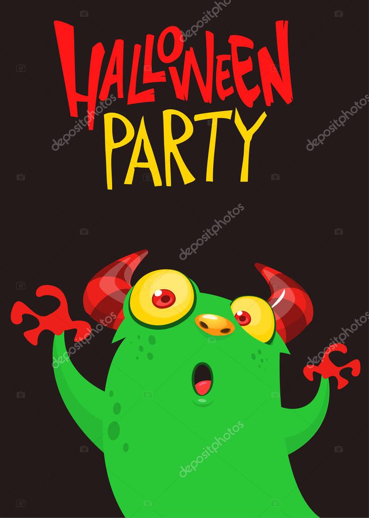 Cartoon monsters set. Halloween party invitation or poster design with different creatures celebrating. Monsters and aliens face expressions. Vector illustration